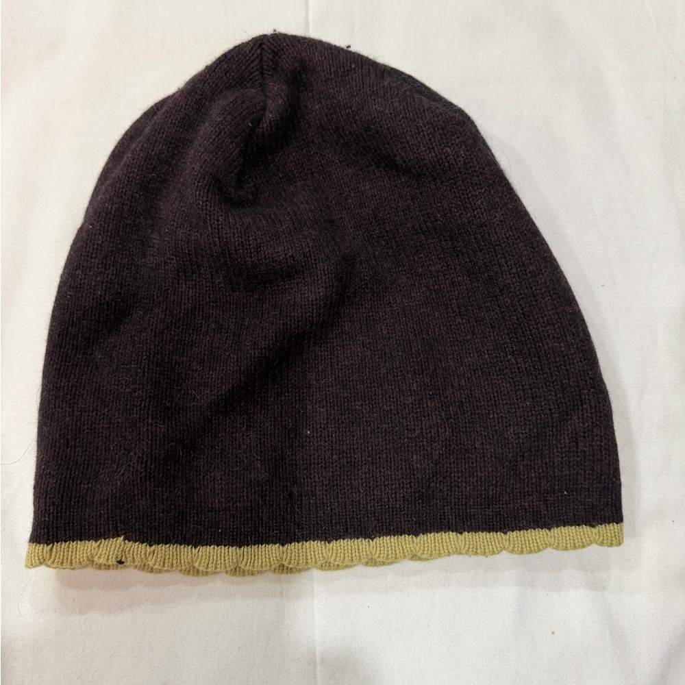 Eddie Bauer Chocolate Knit Hat with Mustard Edge